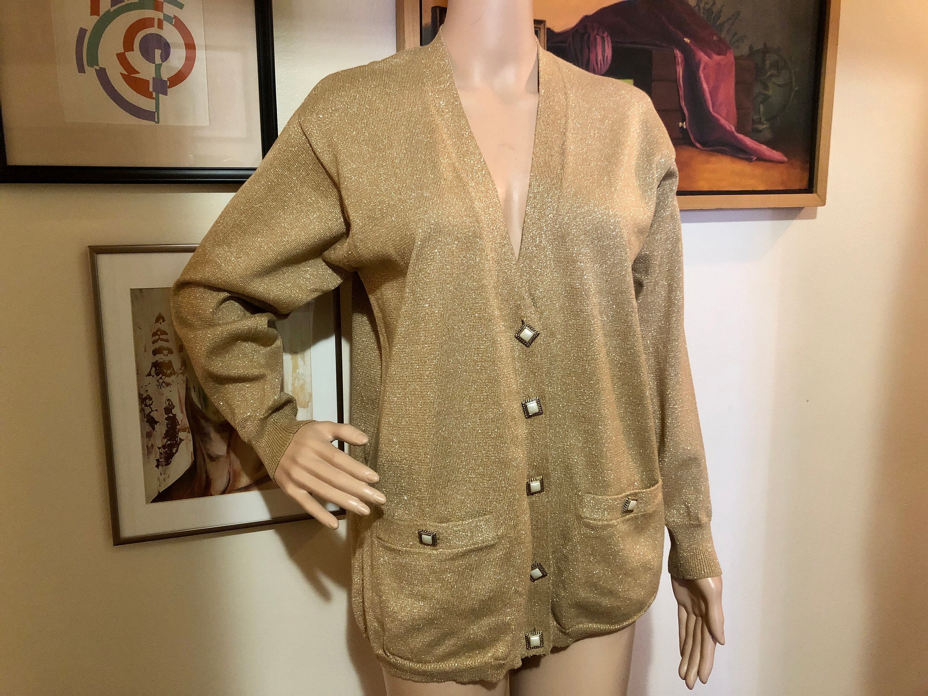 Vtg Gold Metallic Cardigan With Pockets 
