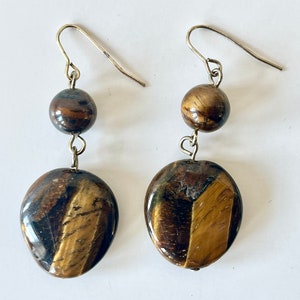 Vtg Large Tiger&#39;s Eye Dangle Earrings - Genuine Gemstone on Gold Tone Metal Hooks - 2 Inch Length