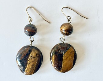 Vtg Large Tiger's Eye Dangle Earrings - Genuine Gemstone on Gold Tone Metal Hooks - 2 Inch Length