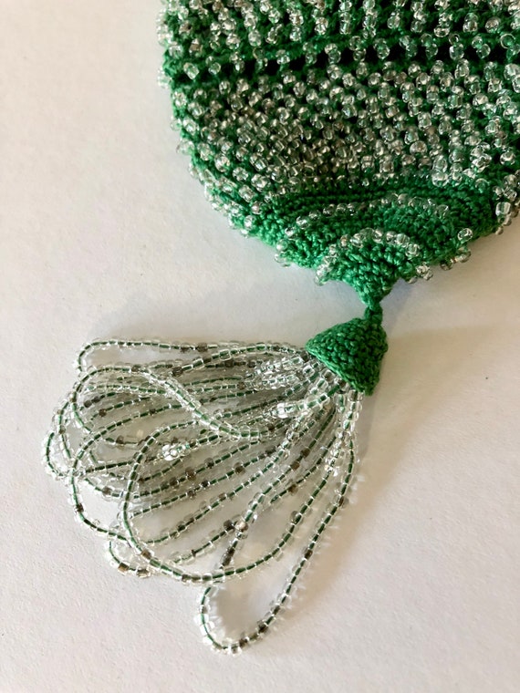 1930s Clear Beaded Crocheted Green Drawstring Min… - image 3