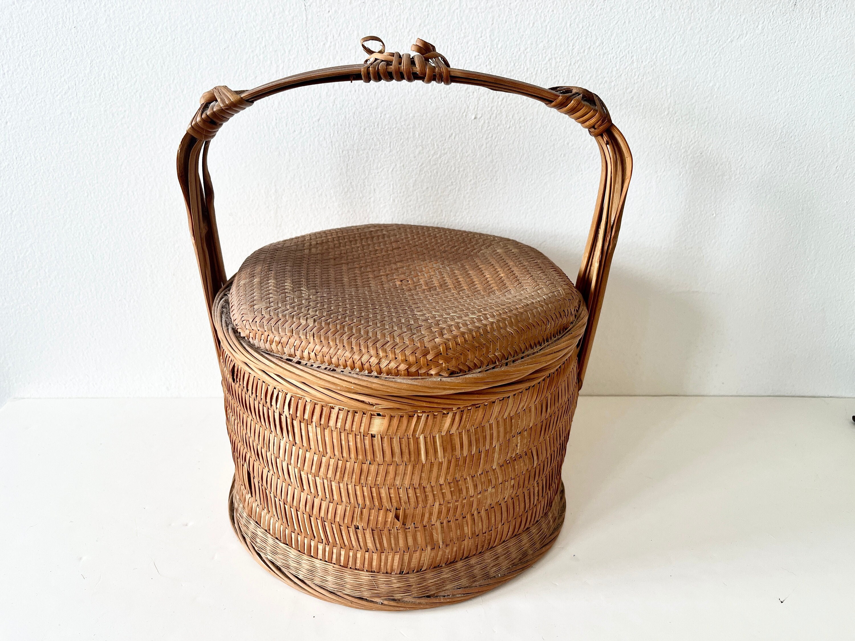Antique Chinese Sewing Baskets Wicker Lot 8 Unusual Woven Lid