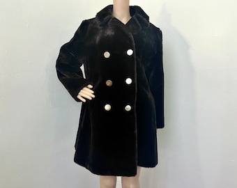 1960s-70s Faux Fur Double-Breasted Knee-Length Coat in Dark Brown with Gold Brass Buttons - Size US Women's 8