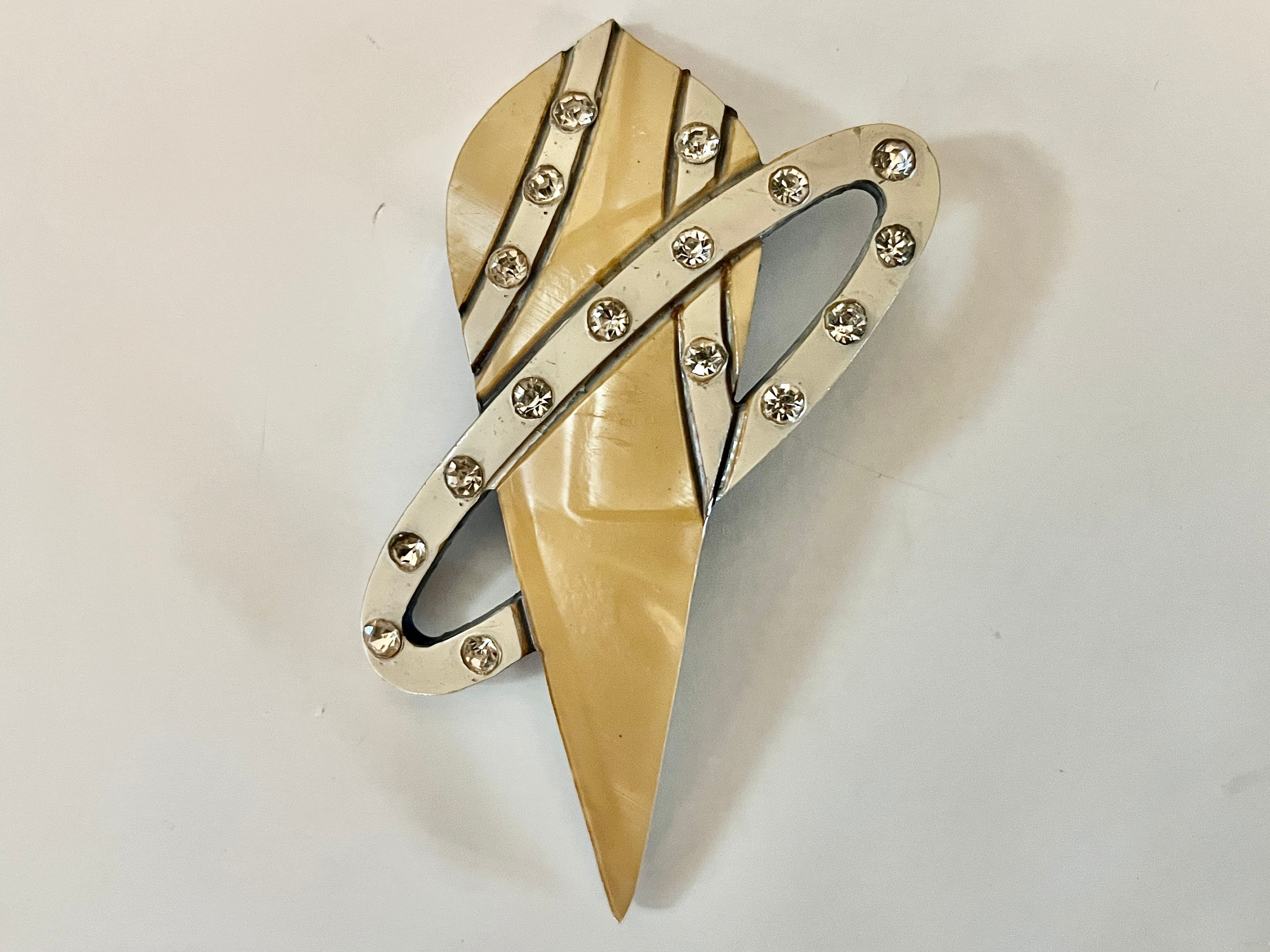 Jaren '30/'40 Futuristische Lucite & Strass Broche - Vintage Parelmoer Atomaire Stijl Pin