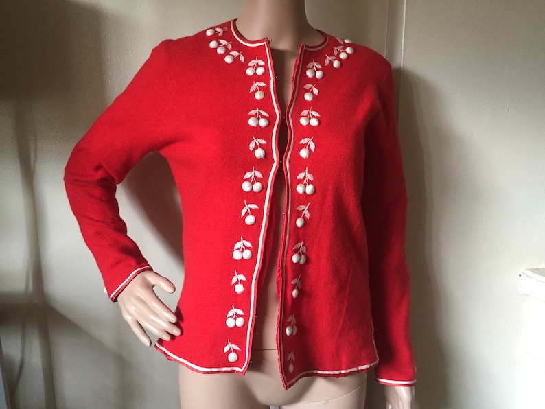 1960s Vintage Fruit-Embroidered Cashmere Wool Blend Cardigan Sweater