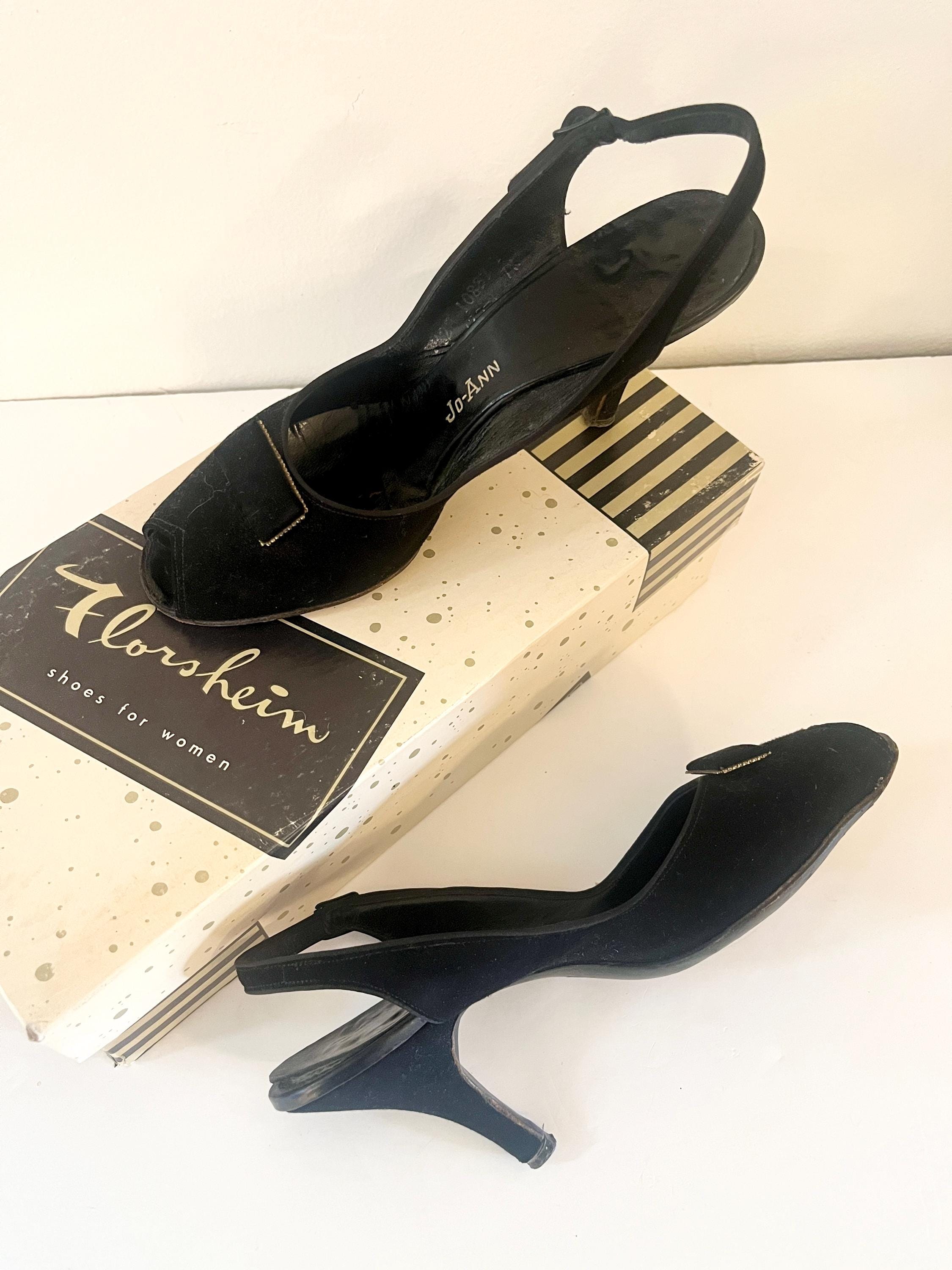 1950s Florsheim Black Flocked Leather Peep Toe Pumps - Size US Women's Modern 7 Medium-Narrow