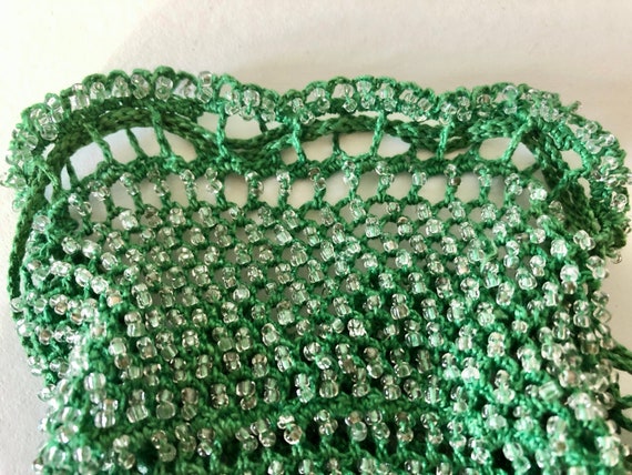 1930s Clear Beaded Crocheted Green Drawstring Min… - image 5