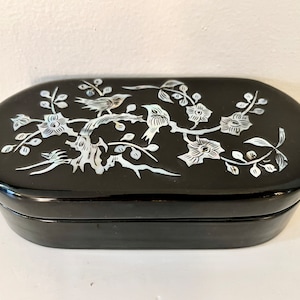 Vtg Chinese Shell-Inlay Lacquered Trinket Box - Mid/Late 20th C. Bird and Flower Motif Jewelry Casket with Mirror