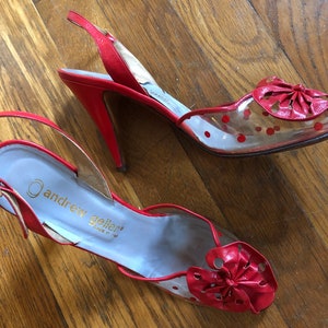 1950s Andrew Geller Leather and Vinyl Polka Dot Peep Toe Slingback Pumps with Pierced Bows - Made in Italy - Size US 8.5AA