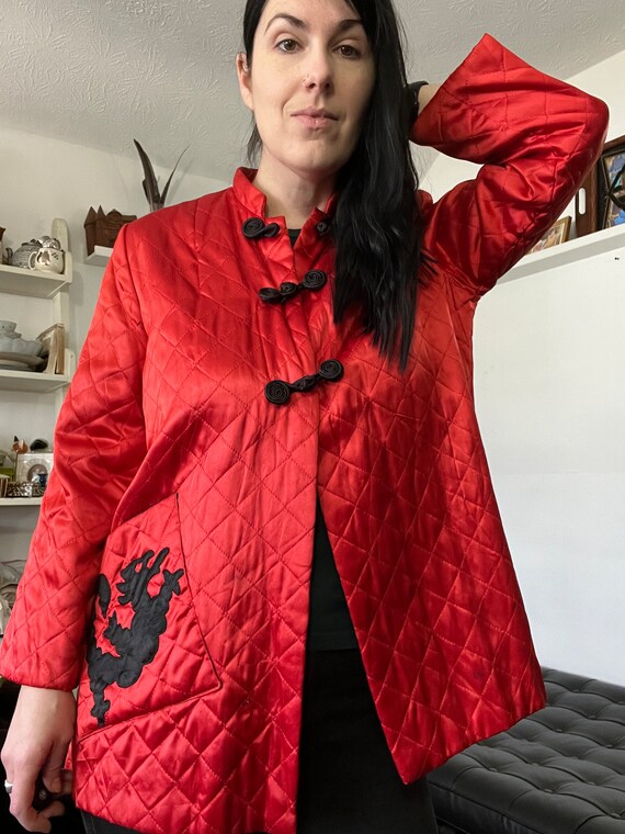 1940s Quilted Satin Red & Black Chinoiserie Jacket wi… Gem
