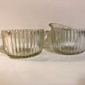 Vtg Anchor Hocking &quot;Queen Mary&quot; Glass Creamer and Sugar Bowl Set - Art Deco - Early to Mid 20th c.