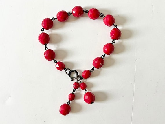 Vtg Czech Red Faceted Glass Beaded Station Bracel… - image 1