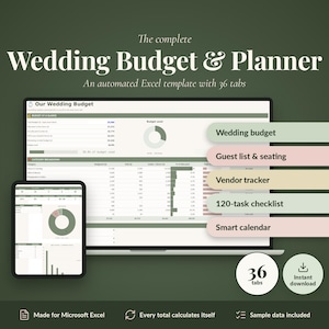 May include: An automated Excel wedding budget and planner template featuring 36 tabs, displayed on a laptop and tablet screen. The interface includes a budget overview, category breakdown, and charts. Text labels list features like wedding budget, guest list, vendor tracker, 120-task checklist, and smart calendar.