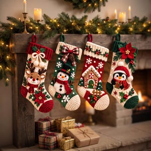 以下が含まれることがあります： 一列に並んだ4つの編み物のクリスマスストッキング。1つ目はトナカイ、2つ目はチェック柄のリボンをつけた雪だるま、3つ目はジンジャーブレッドハウス、4つ目は帽子をかぶったペンギンがデザインされています。それぞれに華やかな装飾が施されています。
