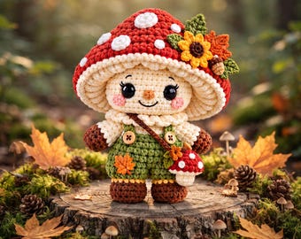 Può includere: Una bambola all'uncinetto a forma di fungo con un grande cappello rosso a pois bianchi, un viso color crema e una salopette verde con bottoni in legno. La bambola indossa una piccola borsa a tracolla a forma di fungo, decorata con un girasole.