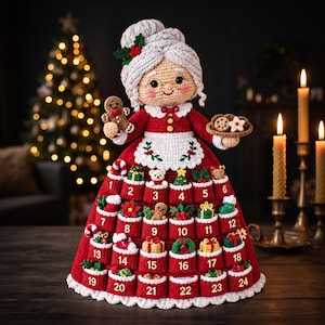 May include: A crocheted doll of an elderly figure with white hair, wearing a red dress featuring twenty-four numbered pockets. Each pocket contains a small crocheted holiday ornament. The figure holds a gingerbread cookie and a tray of cookies.