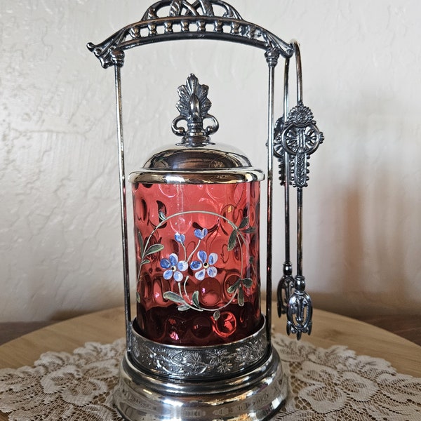 Silver Plated Pickle Castor with Red Thumbprint Glass Insert Enameled in a Floral Motif, Stamped Crown S.P. Co., Toronto Canada