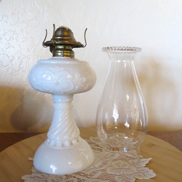 Oil/Kerosene Lamp, Floral Pattern Milk Glass, Plume & Atwood Burner, circa Late 1800's,