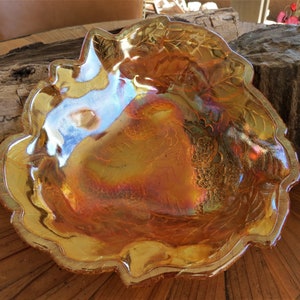 Carnival Glass, Amber Grape Leaf pattern bowls, set of two,