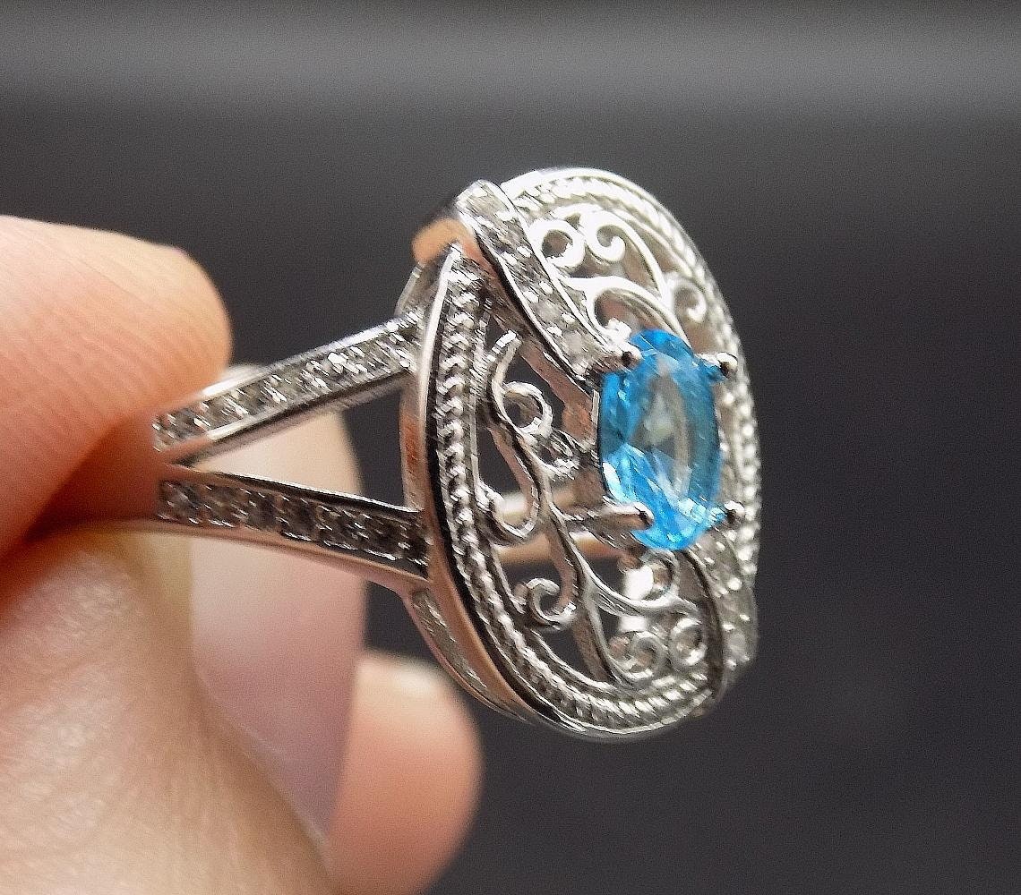 Bague Art Déco En Argent Massif - Sertie D'Aqua-Marine Et Topaze Rose, Filigrane, Neuf Sans Boîte
