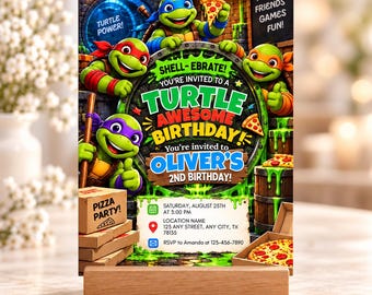 Puede incluir: Una tarjeta de invitación de cumpleaños rectangular con cuatro tortugas de dibujos animados con máscaras de colores. El texto incluye: SHELL-EBRATE! YOU'RE INVITED TO A TURTLE AWESOME BIRTHDAY! OLIVER'S 2ND BIRTHDAY! PIZZA PARTY! PIZZA FRIENDS GAMES FUN!