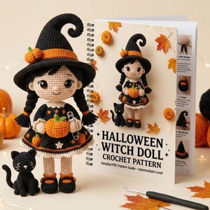 Patrón de muñeca bruja de ganchillo, amigurumi de Halloween en PDF, muñeca con sombrero de bruja, descarga instantánea.