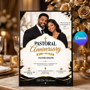 Könnte beinhalten: Ein rechteckiger Flyer zum pastoralen Jubiläum mit einem Foto eines Paares, einem goldenen Kreuzsymbol sowie schwarzen und goldenen Blumenakzenten. Der Text enthält "Pastoral Anniversary", "Pastor Joseph" und "New Life Community Church".