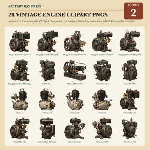 May include: A digital collection of 20 vintage engine clipart PNGs titled Saltery Bay Press Volume 2. The image displays a grid of 20 detailed illustrations of historical engines, each labelled with its specific maker and model name.