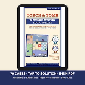 May include: A digital tablet screen displaying the cover of Torch & Tomb, a book of 70 murder mystery logic puzzles. The page features a floor plan, suspect profiles for A and F, and the text: One floor plan. One murderer. Alibis. Sealed rooms. Five tiers.