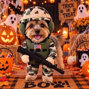 May include: A small dog wearing a camouflage military costume consisting of a helmet with ear covers and a tactical vest with an American flag patch. The dog is holding a black toy rifle. The outfit features a camouflage pattern on the sleeves and trousers.