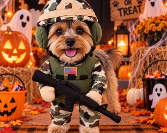 Fantasia de Halloween para Cães, Uniforme Militar com Capacete, Fantasia Divertida para Cães e Gatos de Pequeno Porte, Roupa de Cosplay para o Halloween