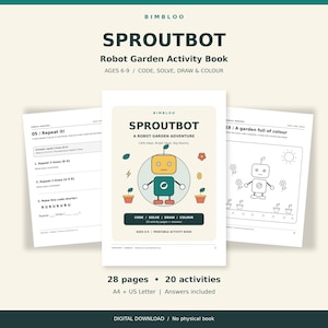 Könnte beinhalten: Ein Sproutbot Robot Garden Aktivitätsbuch mit 28 Seiten und 20 Aktivitäten. Das Cover zeigt einen gelben und blaugrünen Roboter, Topfpflanzen und den Text Code, Solve, Draw, Colour. Enthält Seiten für Programmierübungen und Ausmalbilder.