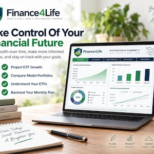 Puede incluir: Un portátil que muestra el software Finance4Life ETF Portfolio Planner V1 con gráficos y datos. Al lado hay un cuaderno con el texto Plan Today Invest Tomorrow A Brighter You, un bolígrafo, libros y una taza con el texto Good Investing Brighter Days.