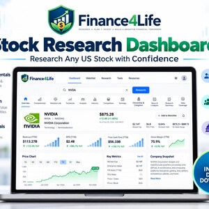 以下が含まれることがあります： Finance4Lifeの株式調査ダッシュボードを表示するノートパソコンの画面。NVIDIAの株価データ、価格チャート、主要指標、ナビゲーションタブが含まれています。インターフェースには、ファンダメンタルズ、バリュエーション、テクニカル、アナリスト、ピア、議会などのセクションが表示されています。
