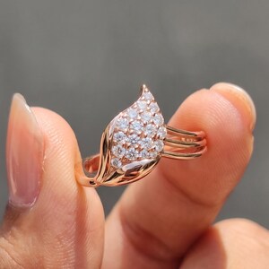 Rose Gold Leaf Ring, Pave Round Stone Cluster Ring, Nature Inspired Multi Band Statement Ring
