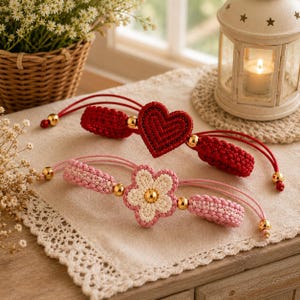 Crochet Cord Bracelet Pattern PDF, Heart & Flower Duo, Beginner Macrame Tutorial, Valentine's Day