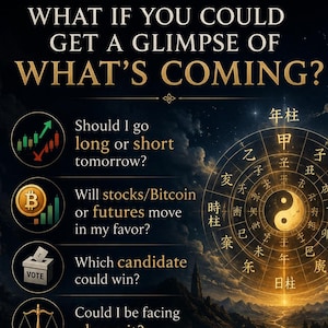 May include: A promotional graphic for a Bazi reading service featuring the text WHAT IF YOU COULD GET A GLIMPSE OF WHAT'S COMING? alongside a circular Chinese zodiac chart, a glowing lantern with the text BAZI READING, and various icons.