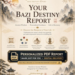 Puede incluir: Un informe digital Bazi Destiny con ilustraciones de paisajes tradicionales de Asia oriental. El texto incluye 'Your Bazi Destiny Report', 'Personalized PDF Report' y secciones sobre los cuatro pilares, cinco elementos y ciclos de suerte.