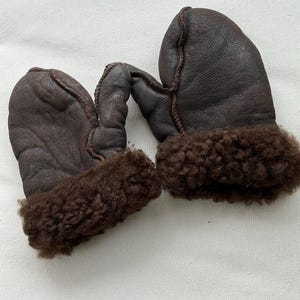 Può includere: Un paio di muffole in pelle marrone scuro con un polsino in montone marrone spesso e testurizzato, e cuciture visibili lungo il pollice e il corpo principale. La superficie esterna della pelle mostra una grana naturale leggermente rugosa.