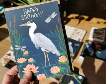 Heron and waterlilies Happy Birthday greeting card