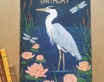 Heron and waterlilies Happy Birthday greeting card