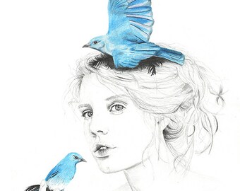 Where do my bluebirds fly - LIMITED EDITION PRINT  - Giclee illustration Print A4