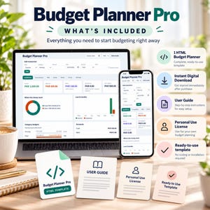 May include: Budget Planner Pro digital tool displayed on a laptop and smartphone screen, featuring financial dashboards with charts and transaction logs. Includes icons for HTML template, digital download, user guide, and license.