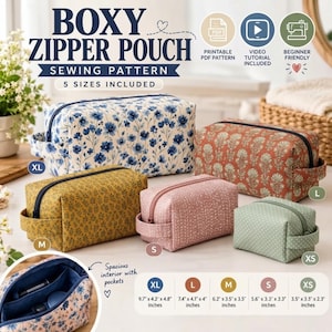 May include: A sewing pattern for a boxy zipper pouch in five sizes, from XS to XL. The image displays five fabric pouches with floral and botanical prints in blue, orange, yellow, pink, and green, each featuring a side handle and zipper closure.