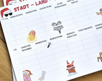 Stadt Land Weihnachten – Spielblock A4 mit 50 Blatt, lustiges Weihnachtsspiel für Erwachsene, Partyspiel für Weihnachtsfeier und Advent