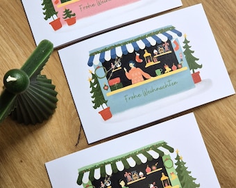 Ensemble de 3 cartes de Noël pliées sur le thème du marché de Noël, avec pages intérieures décorées | Format paysage B6 | Cartes de Noël | Ensemble de cartes de Noël