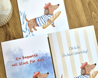 Klappkarten Set französischer Dackel | 3 Geburtstagskarten B6 hochkant | Frankreich Karten | Karten französisch