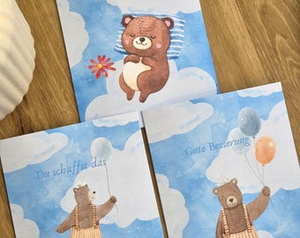 Klappkarten Set mit Bären | 3 Grußkarten B6 hochkant | Ich denk an dich, Du schaffst das & Gute Besserung