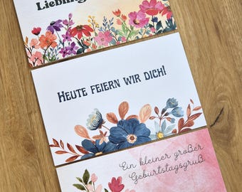 Klappkarten Set Blumen mit gestalteten Innenseiten | 3 Geburtstagskarten B6 quer | Karten Blumen | Geburtstagskarte Blumen