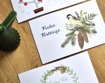 Ensemble de cartes de vœux de Noël avec oiseaux et pages intérieures décorées | 3 cartes de Noël format B6 paysage | Cartes de Noël | Ensemble de cartes de Noël