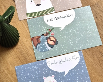 Süße Weihnachtskarten mit Eisbären & Faultier | Set mit 3 Weihnachts-Postkarten | Optional mit Kraftpapier-Briefumschlag | B6 quer